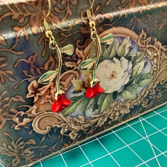 Jewelry - Beauty & The Beast Disney Red Rose Dangle Earrings